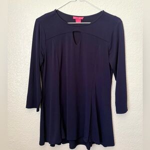 Sunny Leigh Keyhole Tunic Navy Blouse Sz S Preppy Classic Casual Minimalist